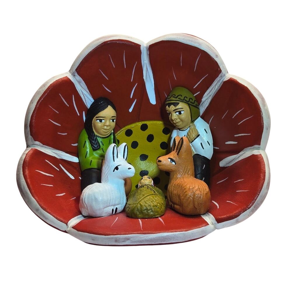 Vintage Peruvian Clay Flower Nativity Scene Handmade Folk Art Peru Christmas